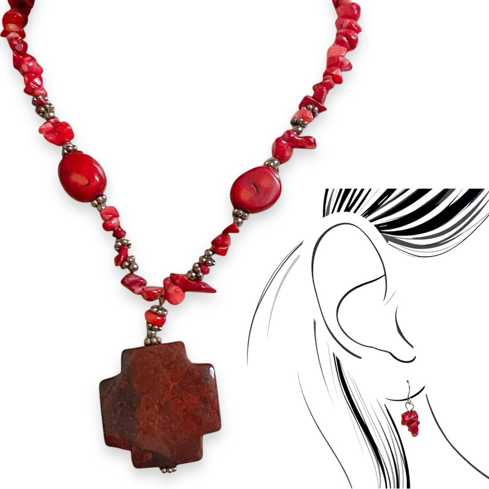 Retro Chunky Red Coral Color Jasper Stone Silver Tone Necklace Earring Set